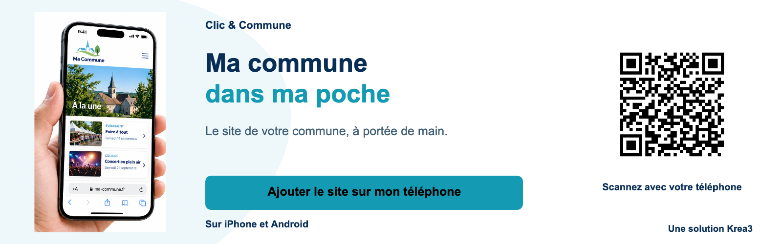Clic & Commune. Ma commune. dans ma poche. Le site de votre commune, à portée de main.. Ajouter le site sur mon téléphone